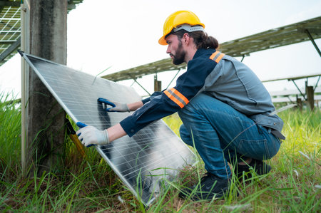 An electrical engineer is inspecting a solar cell that has been used for some time, installed on a...