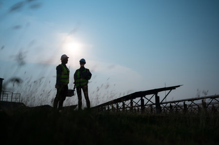 A team of electrical engineers inspecting solar panels in a hundred acre field, in the evening after completing the daily work tasks with the setting sun.の写真素材