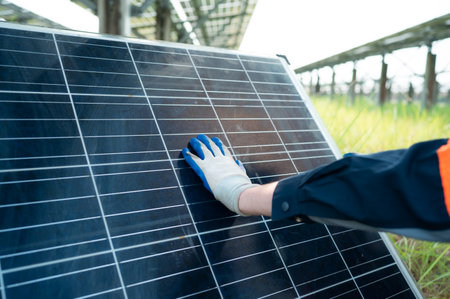 An electrical engineer is inspecting a solar cell that has been used for some time, installed on a field hundred acres of grass.の写真素材