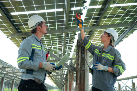 A team of electrical engineers is inspecting and maintaining solar panels at a solar panel site in...