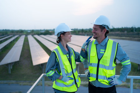 A team of electrical engineers inspecting solar panels in a hundred acres of grass on the rooftop of...