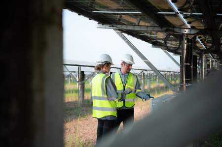 A team of electrical engineers is inspecting and maintaining solar panels at a solar panel site in...