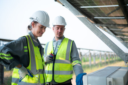 A team of electrical engineers is inspecting and maintaining solar panels at a solar panel site in the middle of a hundred acre field.の写真素材