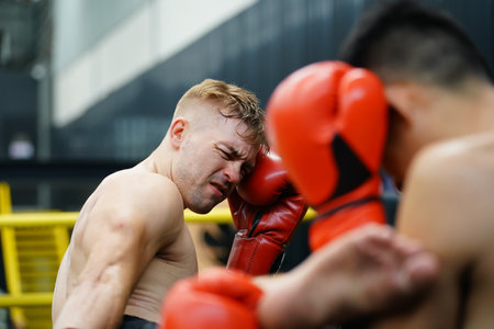 Muay Thai, The martial art of Thailand, A boxer with the weapon of kick the neck the opponent's throat.の写真素材