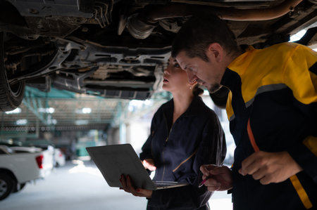 Engineers and auto repair technicians must use technology to detect faults in the operation of the engine of customer cars brought to repair in the garage.の写真素材