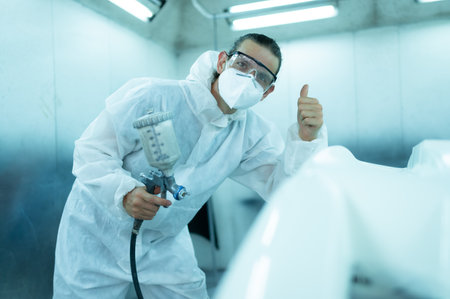 Auto mechanic in car spray room Inspecting the paint sprayed into the front bumper of the car that the pigment is complete, beautiful, harmonious with the original color of the carの写真素材