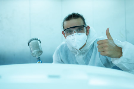 Auto mechanic in car spray room Inspecting the paint sprayed into the front bumper of the car that the pigment is complete, beautiful, harmonious with the original color of the carの写真素材