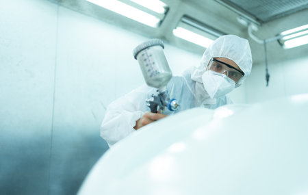 Auto mechanic in car spray room giving the spray nozzle injected into the car front bumper of the car with refinement in order to create beauty that blends with the original color of the carの写真素材