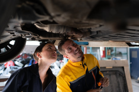 Engineers and auto repair technicians must use technology to detect faults in the operation of the engine of customer cars brought to repair in the garage.の写真素材