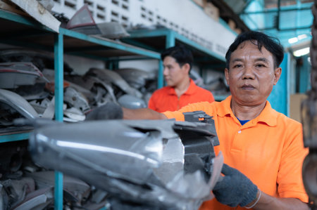 Two mechanics are selecting automobile parts, car headlights, from a spare parts warehouse in order to replace a collision's damaged headlightsの写真素材