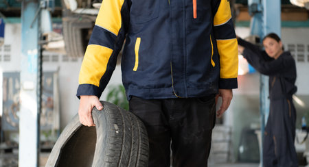 A car mechanic inspects the condition of a car tire before placing it on a vehicle.の写真素材