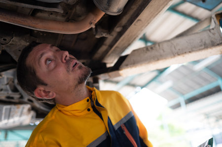 Auto repair mechanic the undercarriage of the car is being inspected for damage caused by heavy collisions.の写真素材
