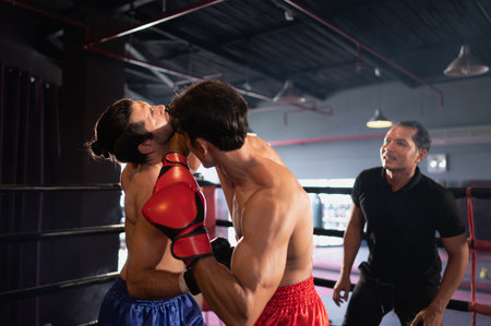 Using the elbow is one of the Muay Thai weapons that is used to chop into the head or face of an opponent to create a wound. which boxers are popularly used as weapons.の写真素材