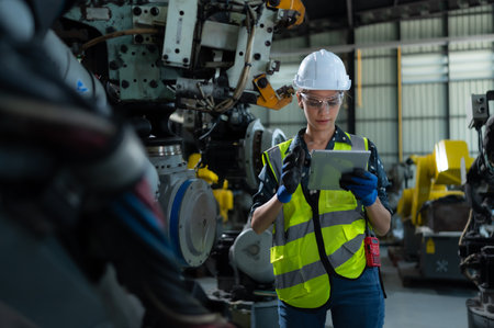 A female engineer installs a program on a robotics arm in a robot warehouse. And test the operation before sending the machine to the customer.の写真素材