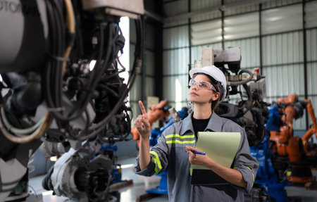 A female engineer checking documented items after installing a program on a robotic arm in a robotic warehouse and test the operationの写真素材