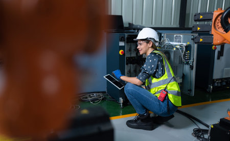 Female Technician Inspecting and repairing robotics arm in robots hangar and test the operation of...