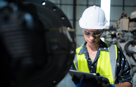 A female engineer installs a program on a robotics arm in a robot warehouse. And test the operation before sending the machine to the customer.の写真素材