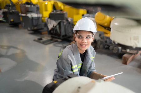 A female engineer installs a program on a robotics arm in a robot warehouse. And test the operation...