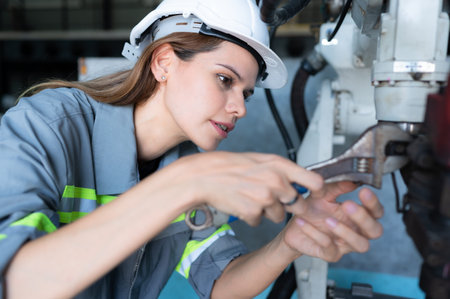 Female Technician Inspecting and repairing robotics arm in robots hangar and test the operation of...