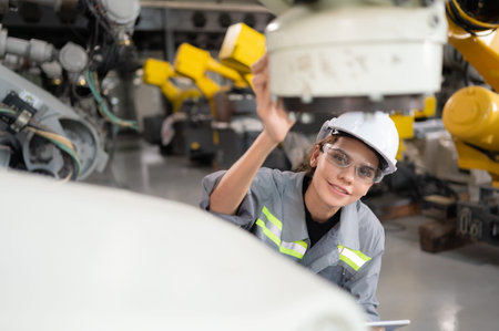 A female engineer installs a program on a robotics arm in a robot warehouse. And test the operation...