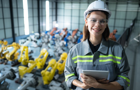 A female auditor Inspected to account for the company's robot assets that were brought to the warehouse before delivering to customers.の写真素材