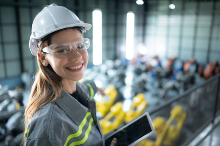 A female auditor Inspected to account for the company's robot assets that were brought to the warehouse before delivering to customers.の写真素材