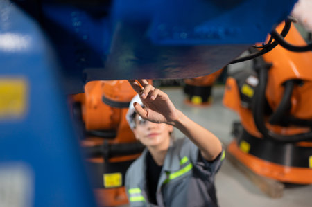 A female engineer installs a program on a robotics arm in a robot warehouse. And test the operation...
