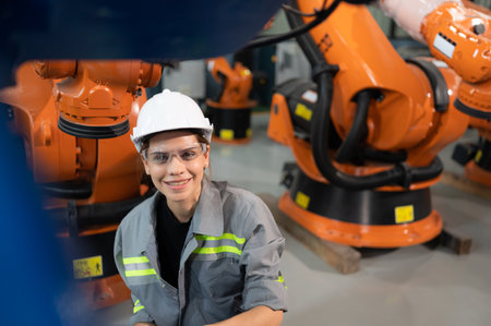 A female engineer installs a program on a robotics arm in a robot warehouse. And test the operation before sending the machine to the customer.の写真素材