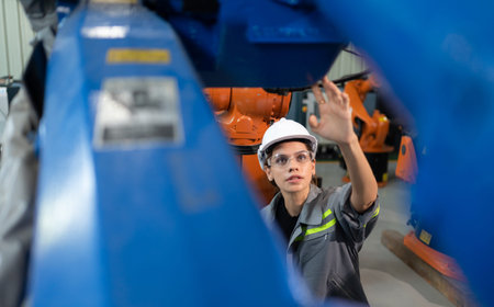 A female engineer installs a program on a robotics arm in a robot warehouse. And test the operation...