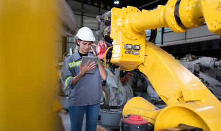A female engineer installs a program on a robotics arm in a robot warehouse. And test the operation...