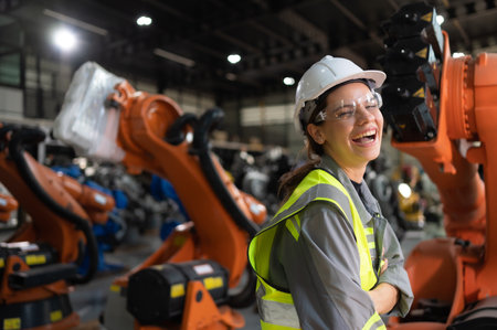 Portrait of female engineer with the mission of auditing, testing, improving software and calibrating robotics arm.の写真素材