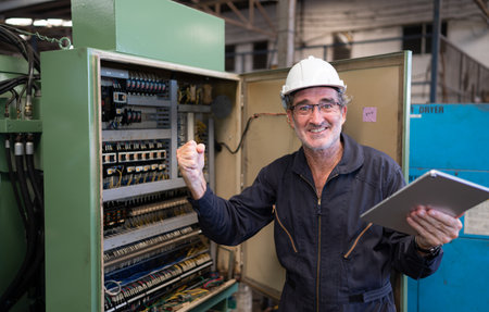 Senior engineer inspects the electrical system and repairs the mechanical system in the machine control cabinet. in order for the machine to return to normal operationの写真素材