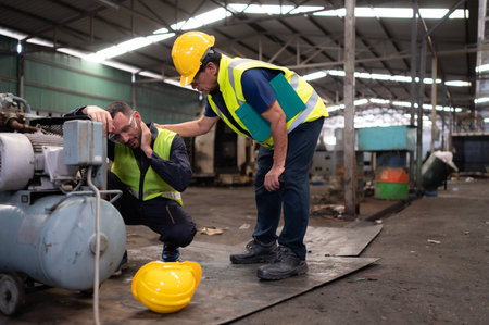 The technician team leader encourages the team who are tired from hard work. in repairing old machinery to return to normal operation in the company's old machinery warehouseの写真素材