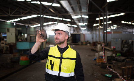 An engineer visually inspects a mechanical sprocket for damage.