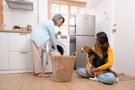 Beagle dog helping people in the house put clothes into the washing machine.の写真素材