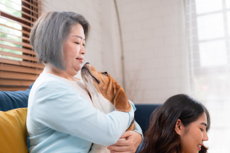 Family vacation, mother, daughter, and beagle puppy relaxing on weekends in the house's leisure roomの写真素材