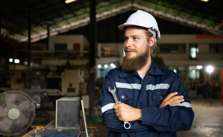 Portrait of mechanical engineers are checking the working condition of an old machine that has been used for some time. In a factory where natural light shines onto the workplaceの写真素材