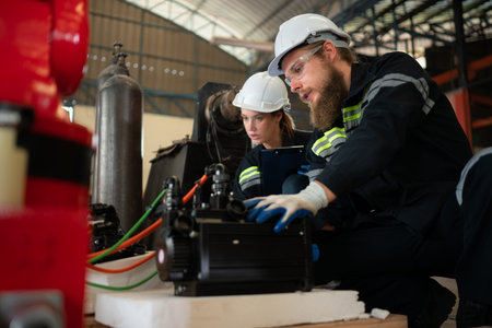 Both of engineers installing a small robotic arm is being installed for testing. before sending to...