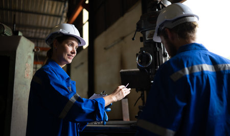 Both of mechanical engineers are checking the working condition of an old machine that has been used...