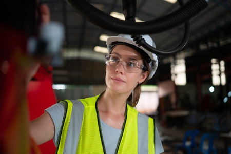 Female electrical engineer with the mission of installing a robot arm electrical systemの写真素材