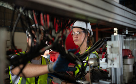 Both of engineers installing and testing a large robotic arm. before sending it to customers for use...