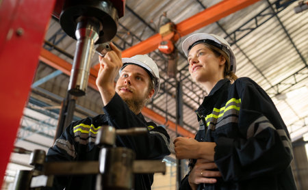 Both of mechanical engineers are checking the working condition of the new machine after completing...