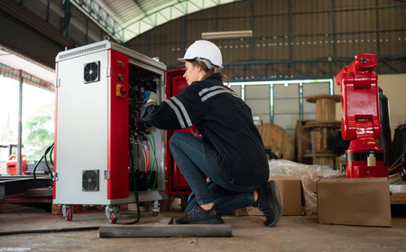 Electrical engineer with the mission of installing a robot arm electrical systemの写真素材