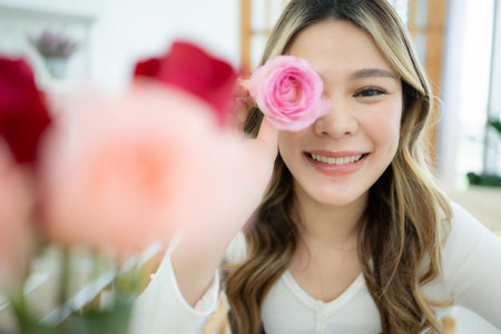 Smiling asian woman holding pink flower in her hand at homeの写真素材
