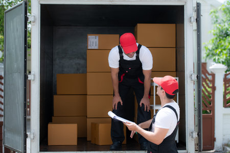 Delivery man in red cap and uniform delivering parcel to recipient - courier service conceptの写真素材