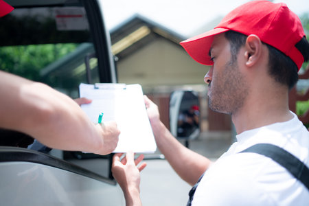 Delivery man in red cap and uniform delivering parcel to recipient - courier service concept