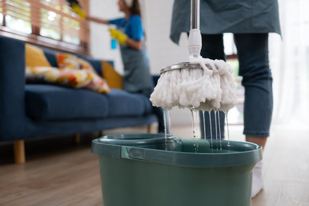 Close-up of mop and bucket with cleaning products in living roomの写真素材