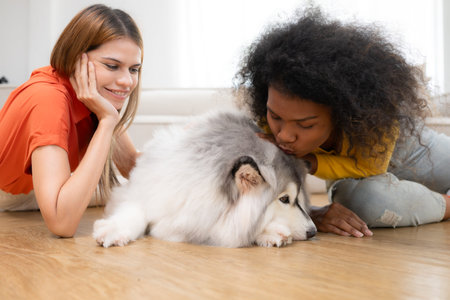 LGBT couple with Siberian husky dog at home