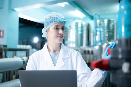 Female researcher doing scientific research on drinking water in the laboratory of a drinking water plant.の写真素材