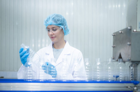 Female quality control worker inspecting water bottle on production line in drinking water factoryの写真素材